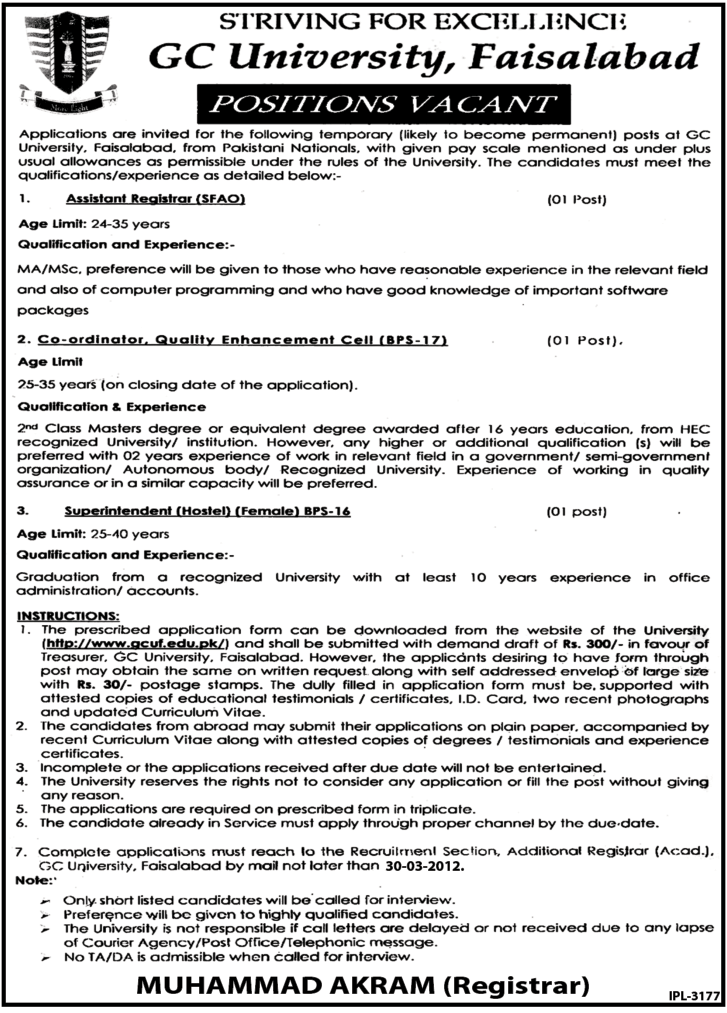 GC University, Faisalabad (Govt Jobs) Requires Staff