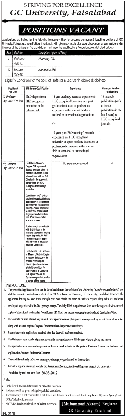 GC University, Faisalabad (Govt Jobs) Requires Professor and Lecturers