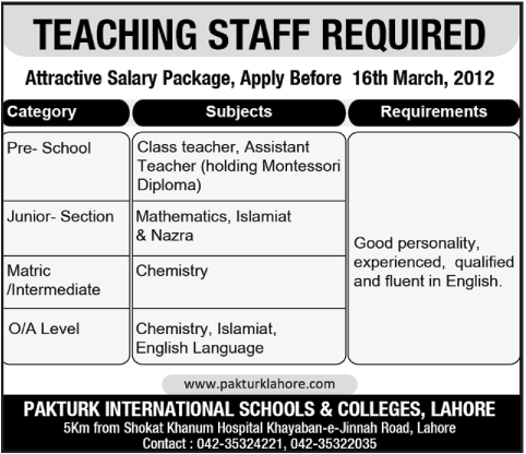 PAKTURK International Schools & Colleges Requires Teaching Staff