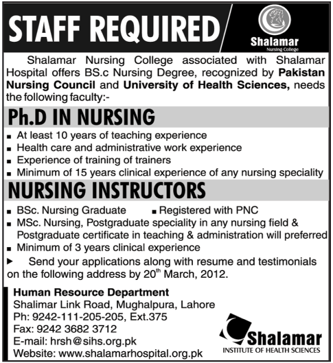 Shalamar Nursing College Requires Staff