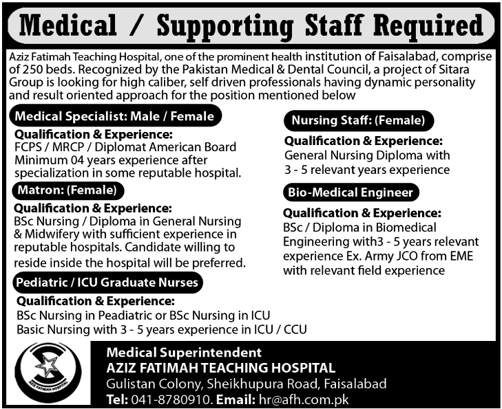 Aziz Fatimah Teaching Hospital Requires Medical and Supporting Staff
