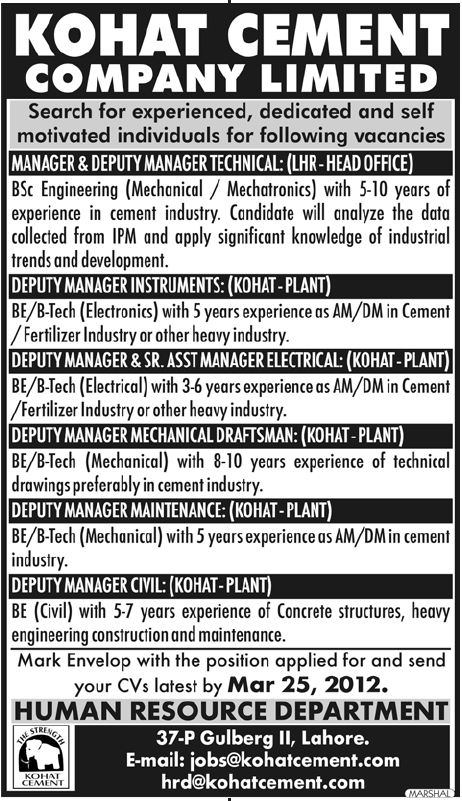 Kohat Cement Company Limited Jobs