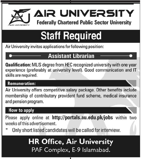 Air University (Govt Jobs) Requires Assistant Librarian