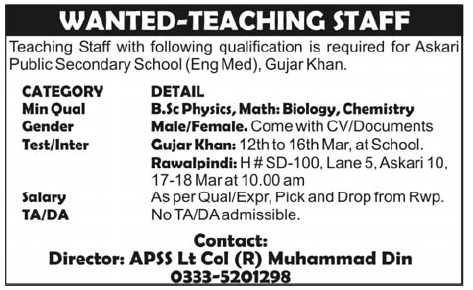 Askari Public Secondary School (Govt Jobs) Requires Teachers