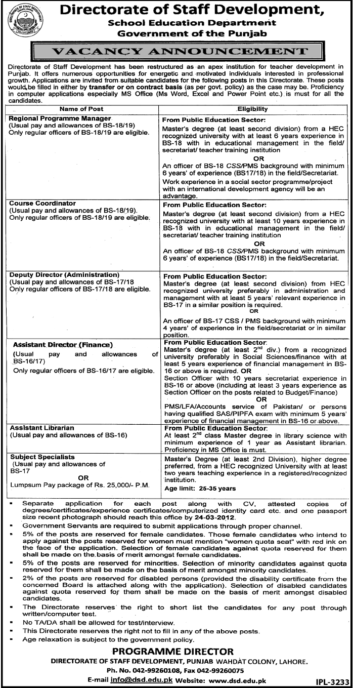 Directorate of Staff Development (Govt Jobs) School Education Department Requires Staff