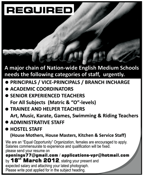 Chain of Nation Wide English Medium Schools Requires Staff
