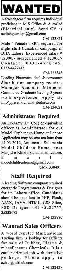 Classified Lahore Jang Misc. Jobs 1