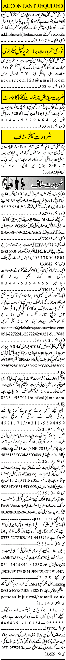 Classified Rawalpindi Jang Misc. Jobs 2