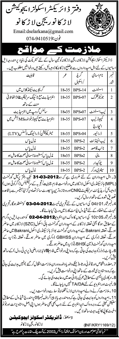 Office of Director Schools Education Larkana Region (Govt) Jobs