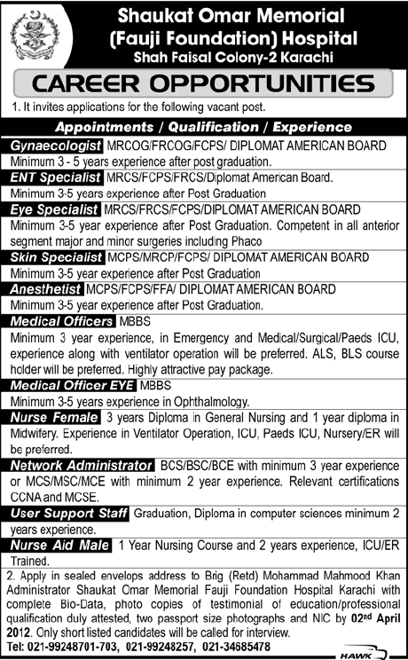 Shaukat Omar Memorial (Fauji Foundation) Hospital Jobs