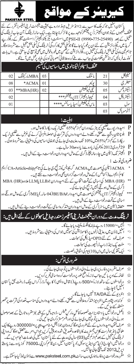 Pakistan Steel (Govt Jobs) Requires Trainee Officers