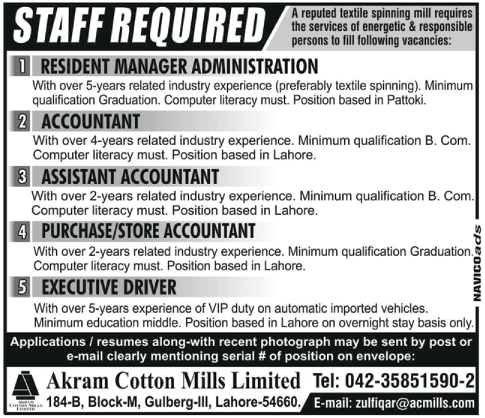 Akram Cotton Mills Limited Requires Staff