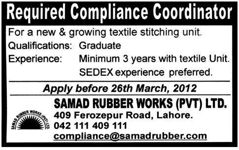 Samad Rubber Works Pvt Ltd Requires Compliance Coordinator