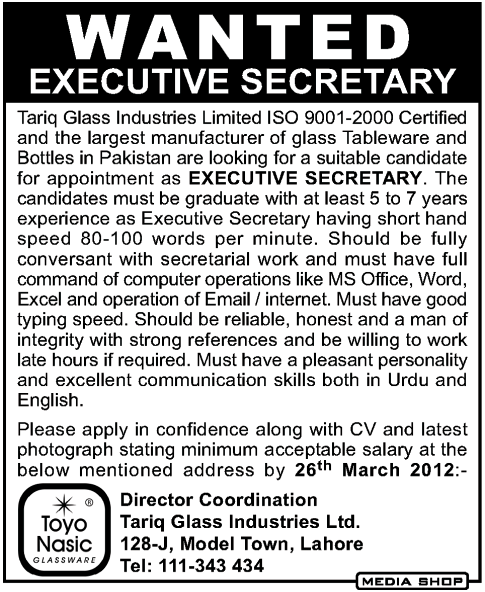 Tariq Glass Industries Ltd. Requires Executive Secretary