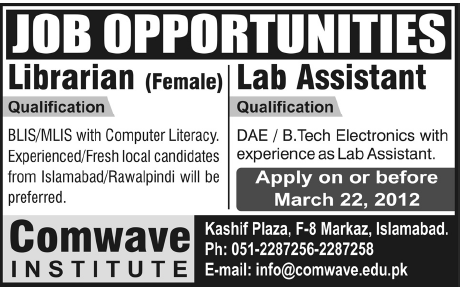 Comwave Institute Requires Librarian and Lab Assistant