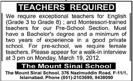The Mount Sinai School Requires Teachers