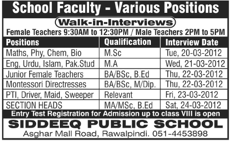 Siddeeq Public School Jobs