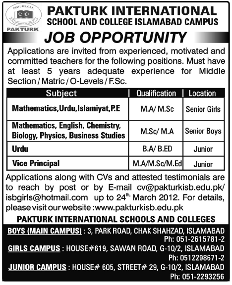 PAKTURK International Schools & Colleges Jobs