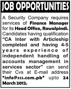 Finance Manager Required by a Security Company