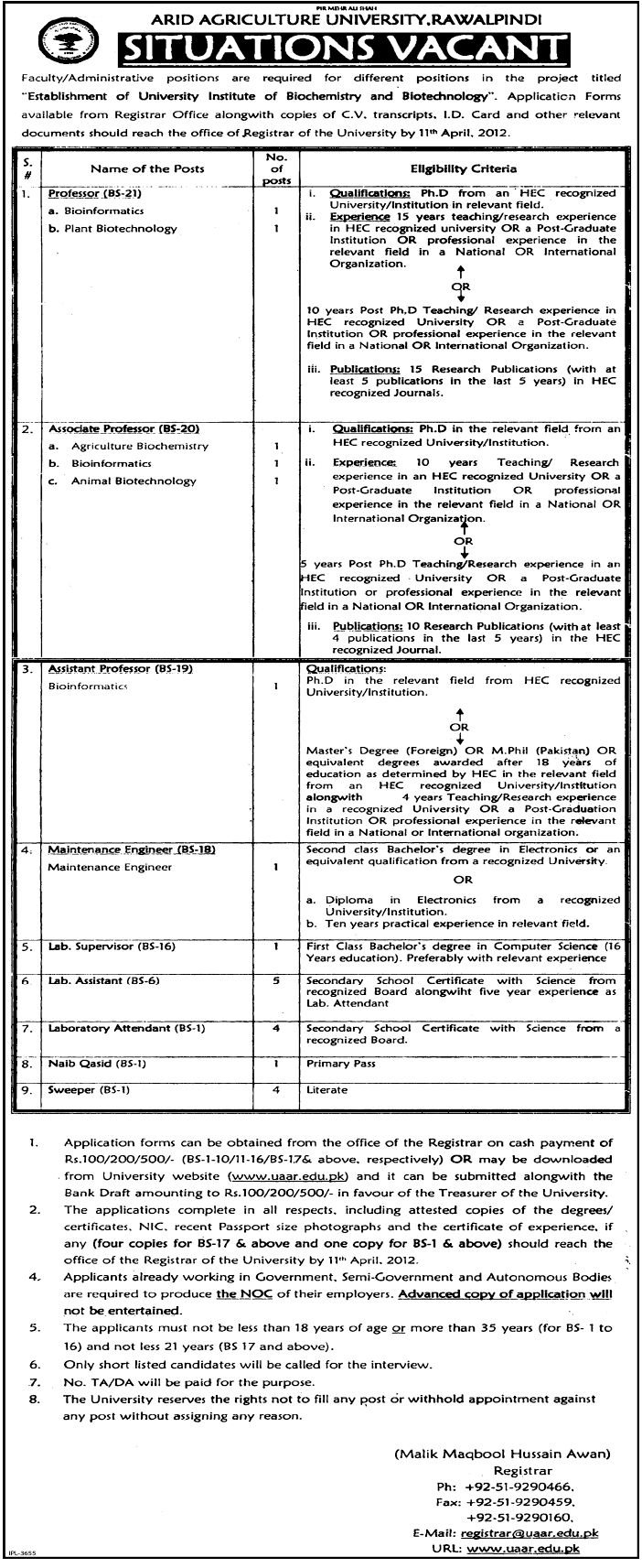 Arid Agriculture University (Govt) Jobs