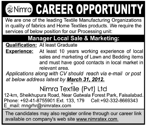 Nimra (Textile Manufacturing Organization) Requires Manager Local Sales & Marketing