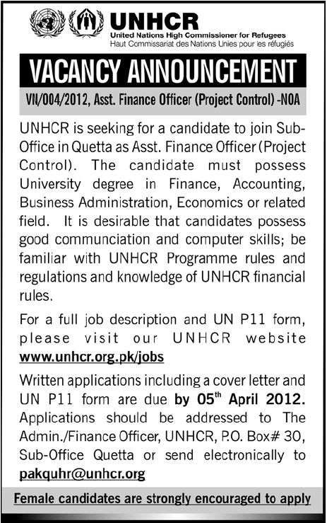 UNHCR (United Nations High Commissioner for Refugees Jobs) Requires Assistant Finance Officer