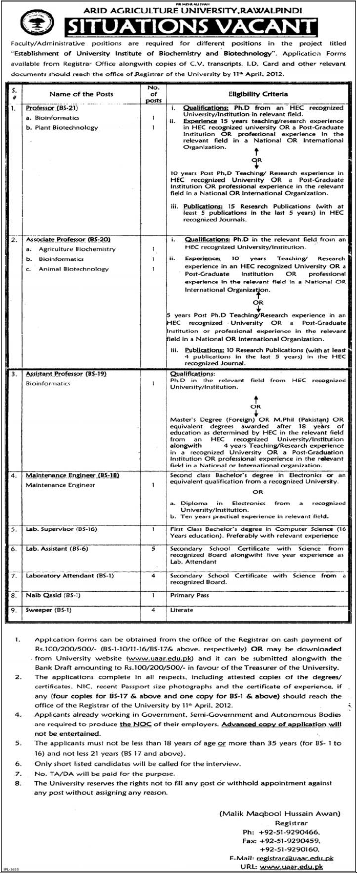 ARID Agriculture University, Rawalpindi (Govt) Jobs