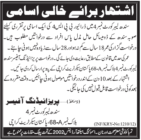 Sindh Labor Court (Govt) Jobs