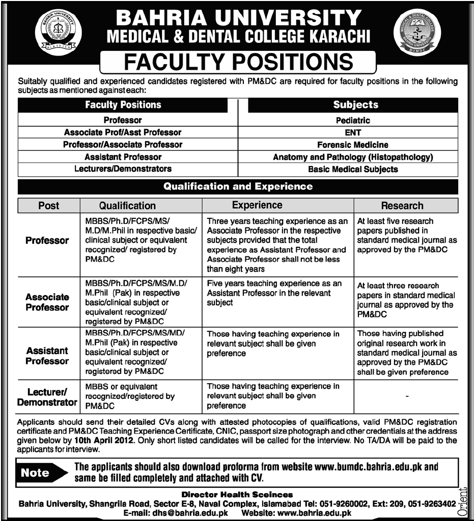 Bahria University (Medical & Dental College Karachi) Jobs