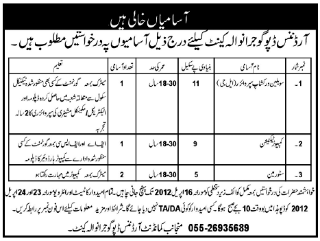 Ordnance Depot Gujranwala (Govt) Jobs