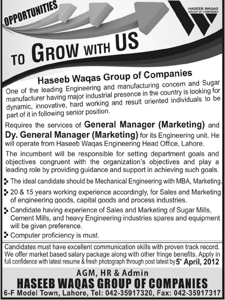 Haseeb Waqas Group of Companies Requires GM-Marketing and Dy. GM-Marketing