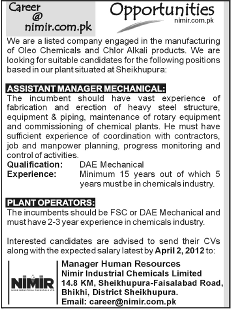 NIMIR Manufacturers Requires Assistant Manager Mechanical and Plant Operators
