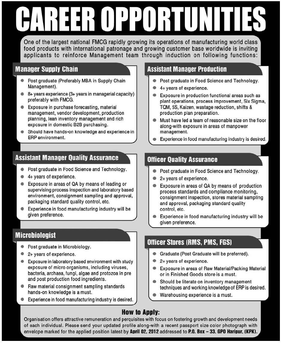 FMCG Company Requires Managers and Officers