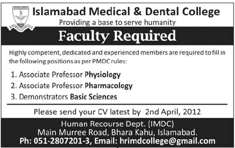 Islamabad Medical & Dental College Requires Faculty