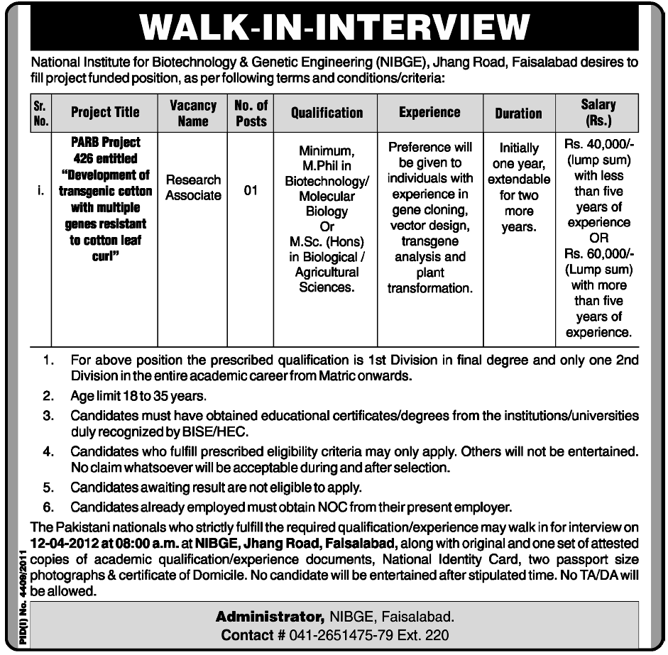 National Institute for Biotechnology & Genetic Engineering (NIBGE) Faisalabad Jobs