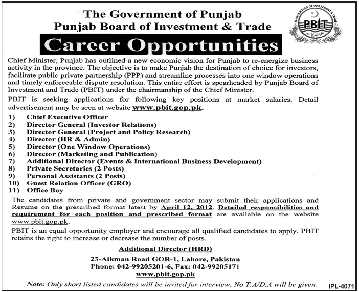 PBIT-Punjab Board of Investment & Trade (Govt.) Jobs
