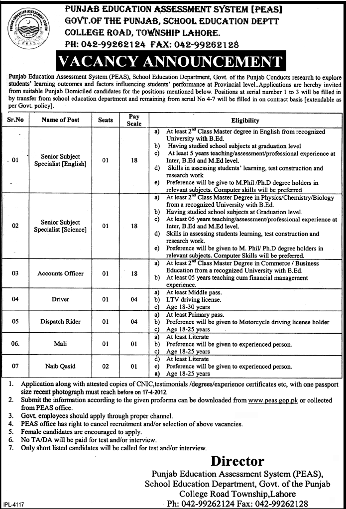 Punjab Education Assessment System (Govt) Jobs