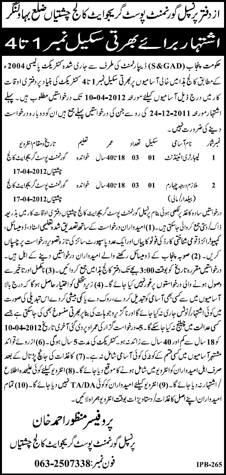 Government Post Graduation College Chishtian Jobs