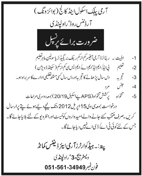 Army Public School and Colleges Rawalpinidi (Govt) Jobs