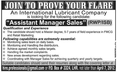 Assistant Manager Sales Required