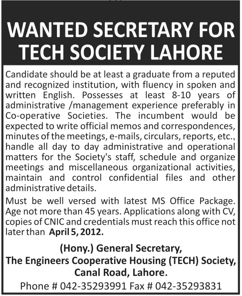 Engineers Cooperative Housing (TECH) Society Lahore Requires Secretary