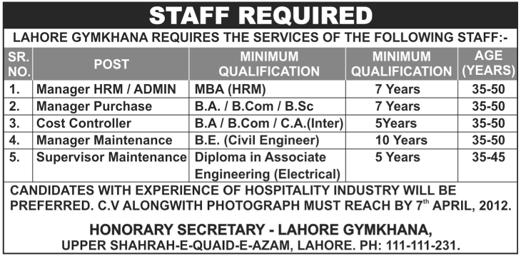 Lahore Gymkhana Jobs