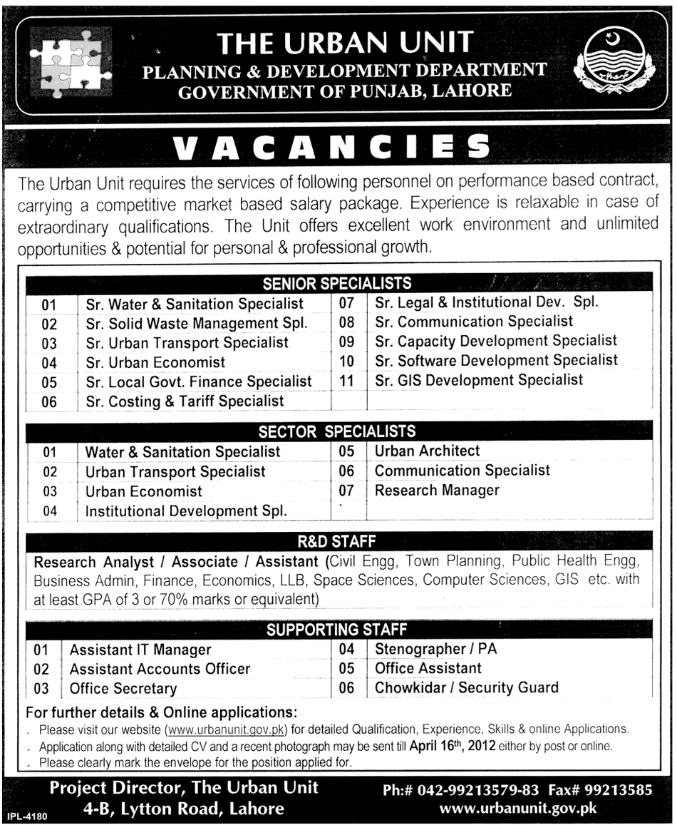 Planning & Development Department, Government of the Punjab Jobs