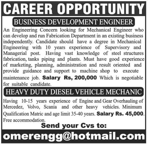 Business Development Engineer and HD Diesel Vehicle Mechanic Jobs