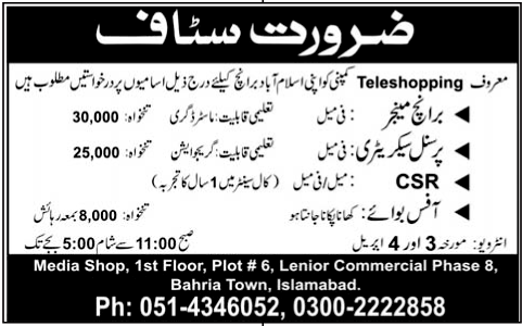 Teleshopping Company Requires Staff