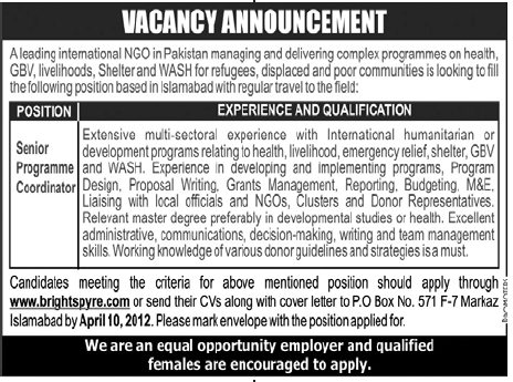 International NGO in Pakistan Requires Senior Programme Coordinator