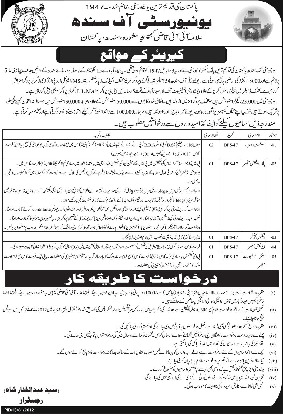 University of Sindh (Govt.) Jobs