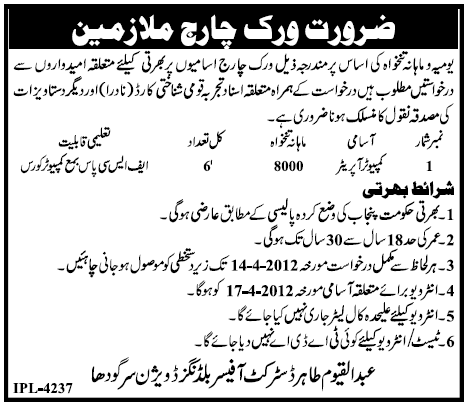 The Office of District Officer Building Division Sargodha (Govt. Jobs) Requires Computer Operators