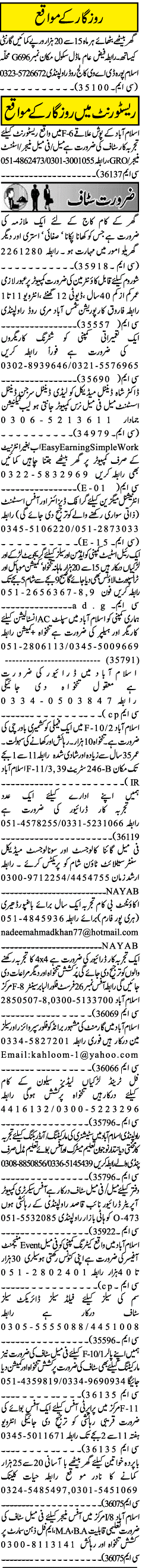 Classified Rawalpindi Jang Misc. Jobs