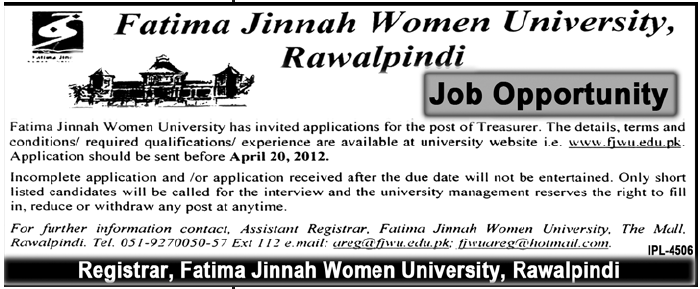 Fatima Jinnah Women University, Rawalpindi (Govt.) Jobs